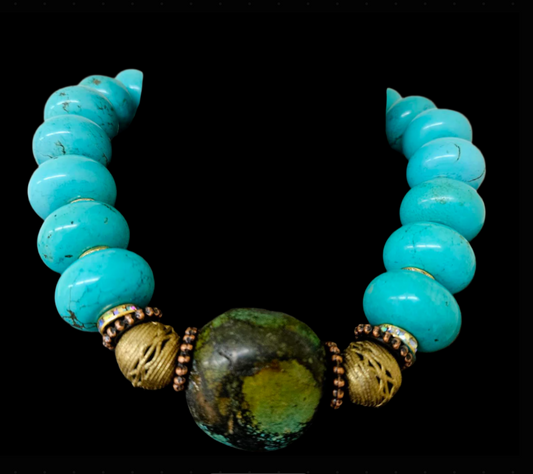 Huge Magnesite Rondelle and Turquoise Statement Luxury Necklace   Bold