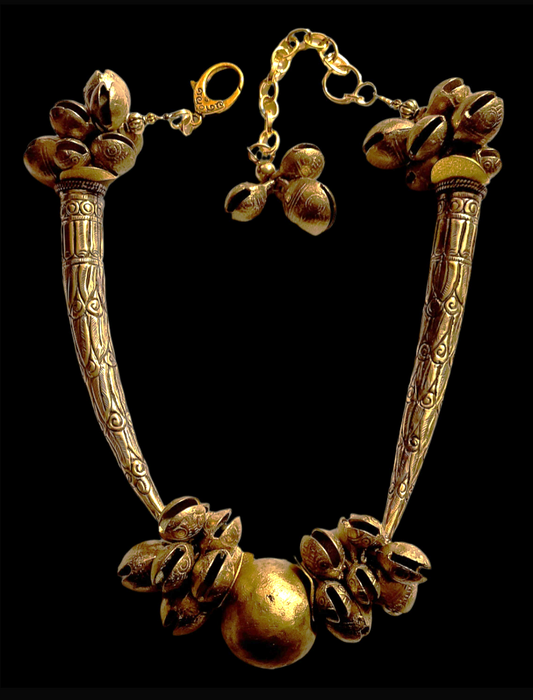 Exotic Golden Bronze & Brass Tribal Tube Necklace -  Ethnic Unisex Couture