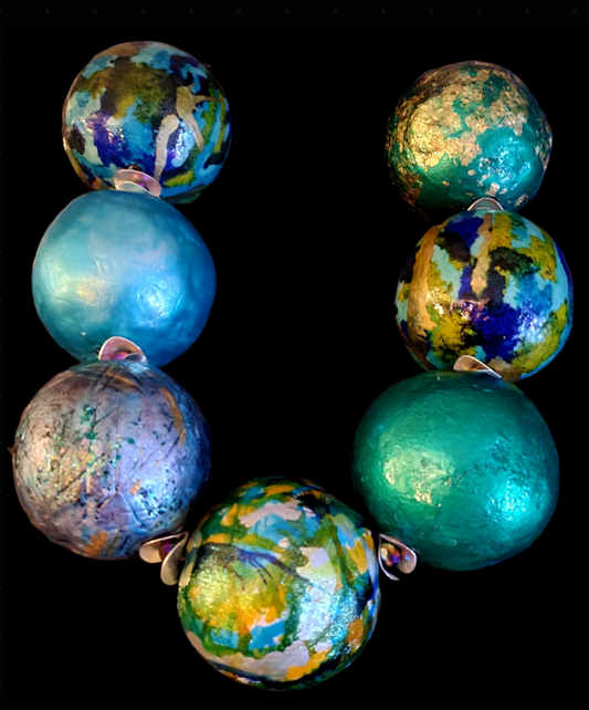 Blue Green & Gold Huge Hand Sculpted Beaded Statement Necklace - Drama