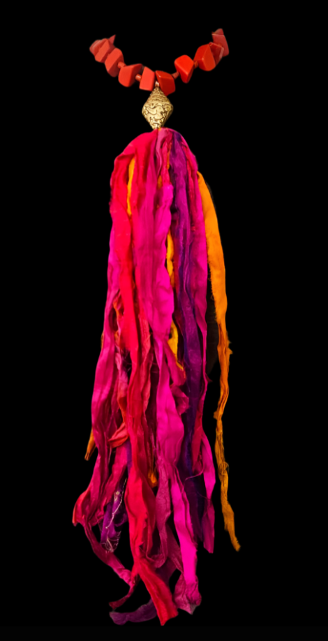 Distressed Sari Silk Ribbon Beaded Chest Piece - Textile and Wood