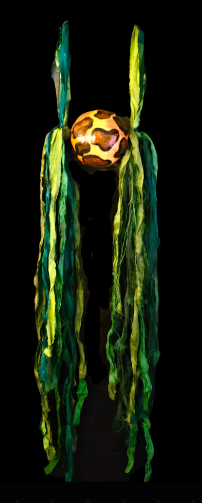 Green & Blue Raw Sari Silk Ribbon Chest Piece & Leopard Orb Accent