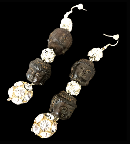 Brown Wood Buddha Head & Rhinestone Ball Super Long Pierced Earrings