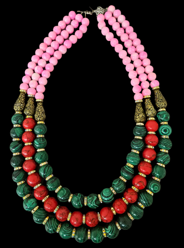 Red Green & Pink Statement Bold Beaded Bib Necklace - Unisex Styled