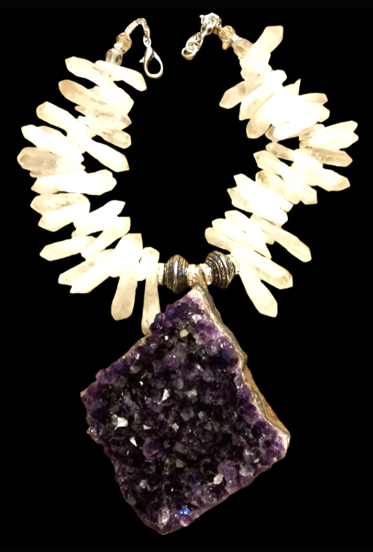 Genuine Rough Amethyst Pendant With a Raw White Branch Quartz Necklace