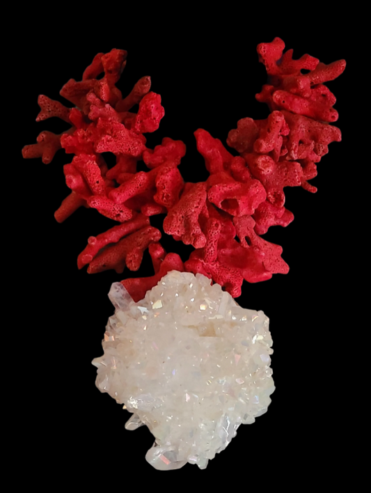 Rough Red Coral Luxury Necklace With Aura Quartz Pendant