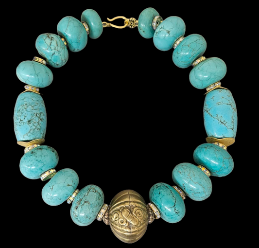 Blue Green Magnesite Rondelle Statement Necklace with Brass Focal Bead