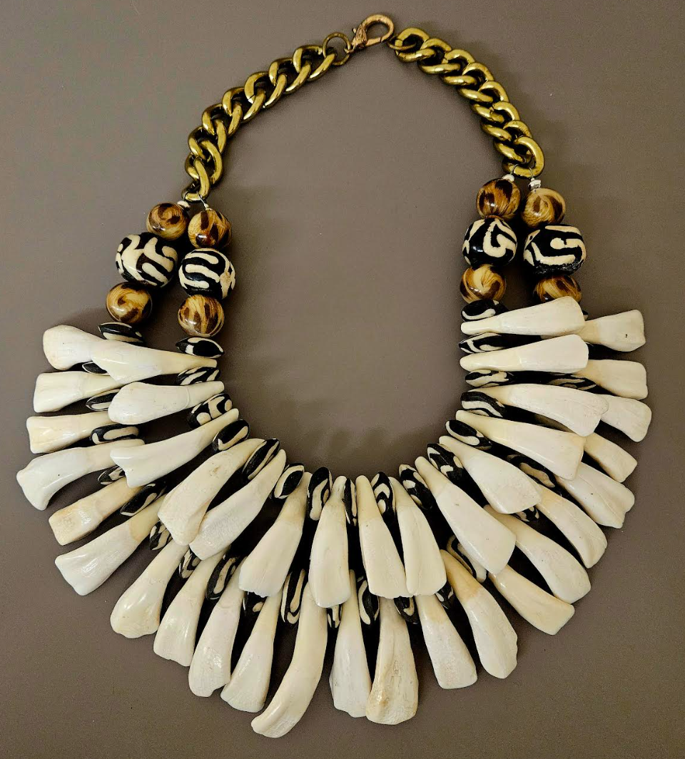 Buffalo Bison Incisor Teeth Zebu Bone & Leopard Bead Tribal Necklace