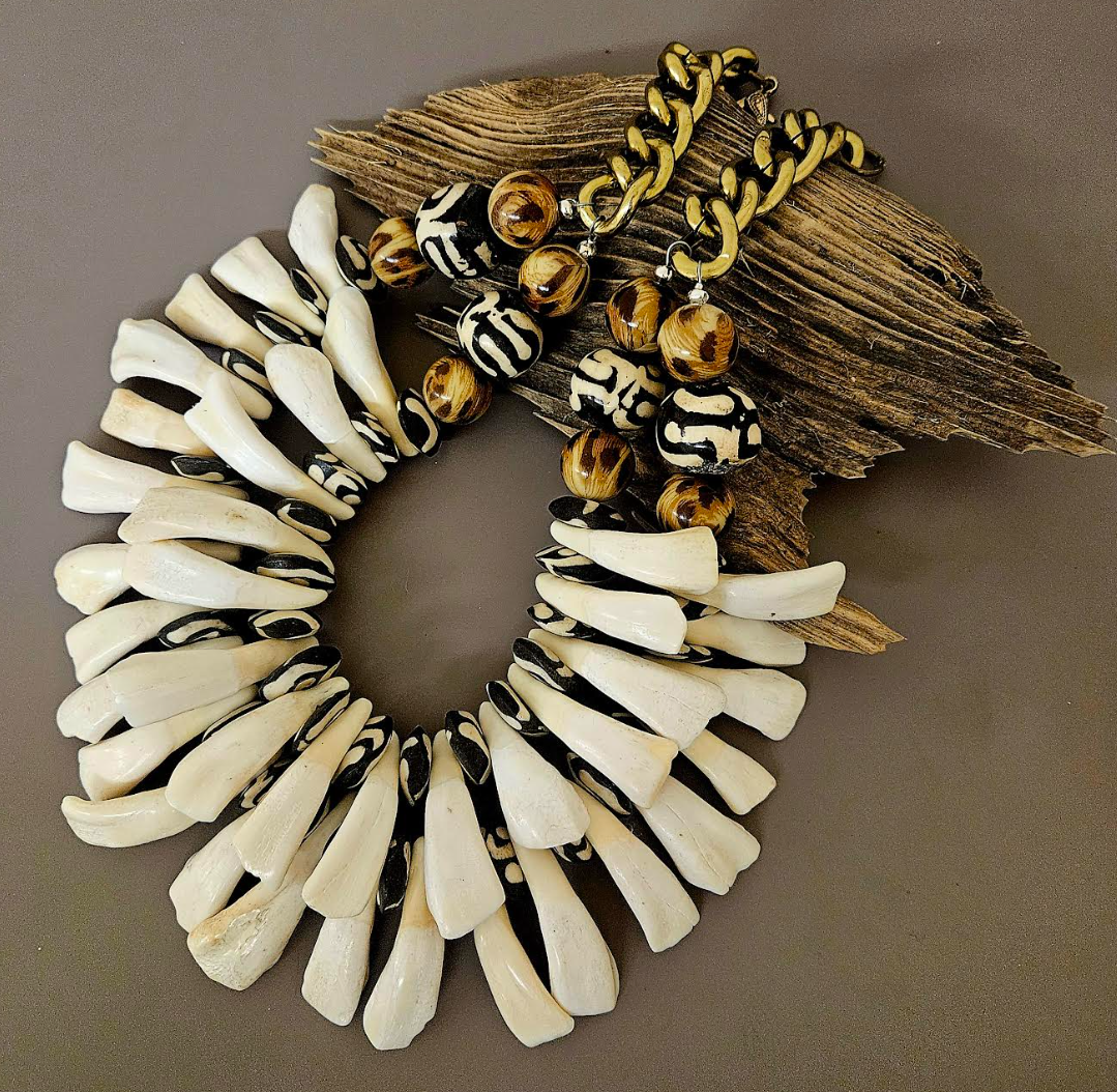 Buffalo Bison Incisor Teeth Zebu Bone & Leopard Bead Tribal Necklace