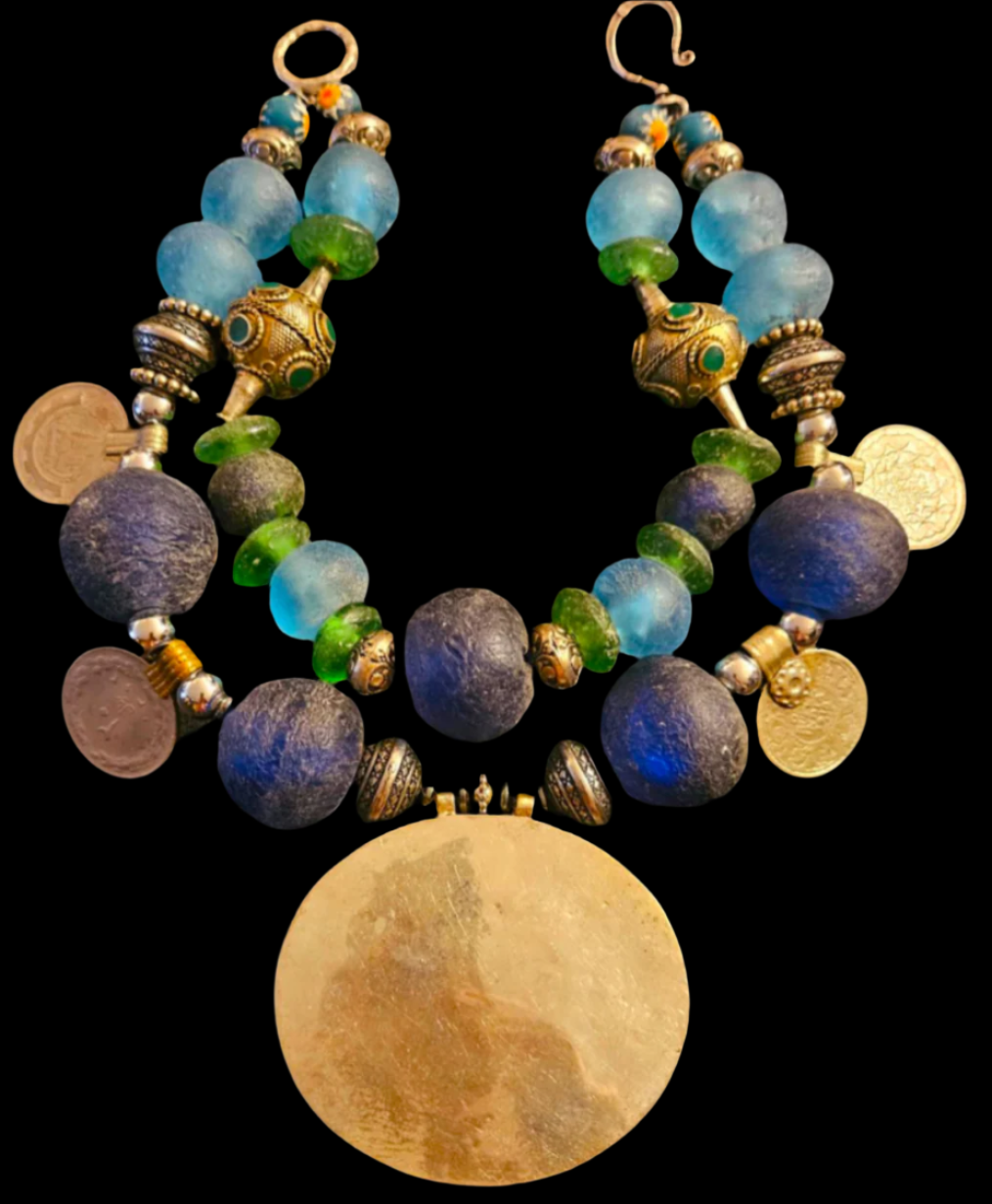 Turkmen Lapis Tribal Gemstone Pendant With African Glass & Kuchi Coin