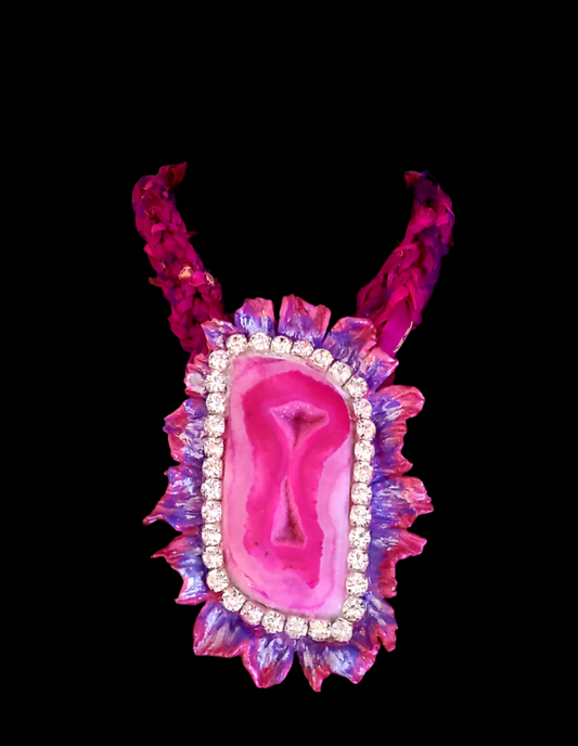 Hot Pink Druzy Agate Sculpted Rhinestone Pendant With Sari Silk Necklace