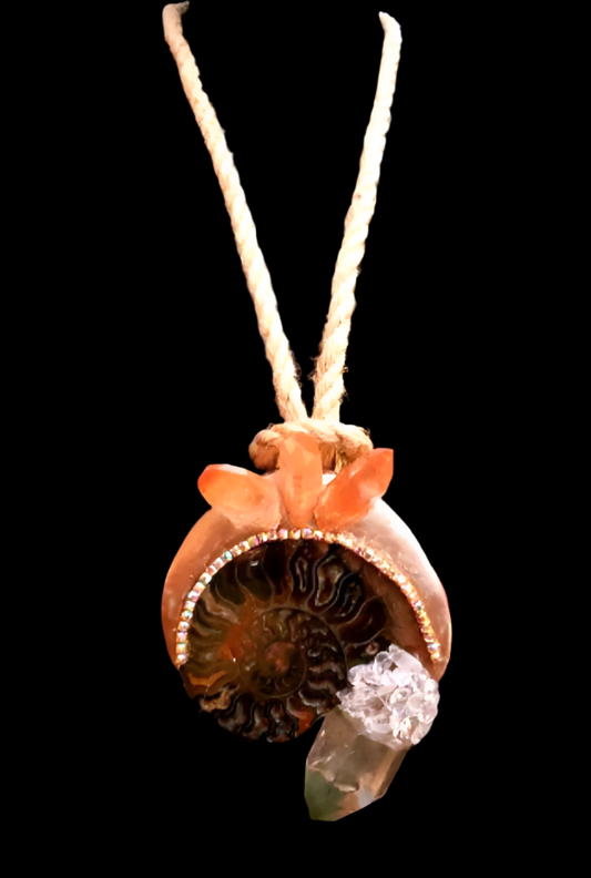 Ammonite Fossil & Quartz Point Sculpted Amulet With Hemp Rope