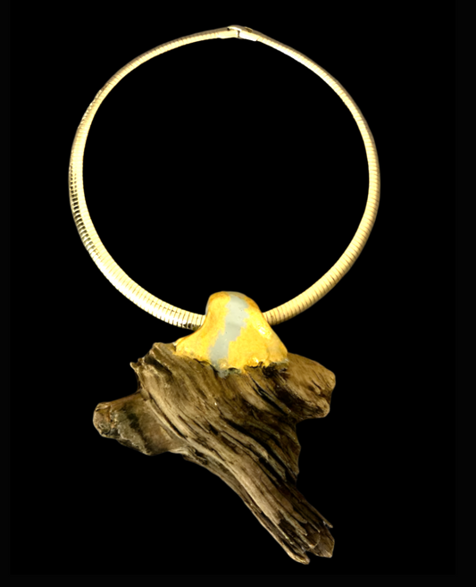 Sculpted Minimalist Driftwood Pendant On A Gold Tone Omega Chain