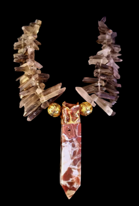 Smoky Branch Quartz Luxury Necklace with Ocean Jasper Tower