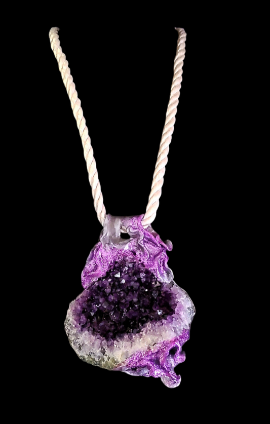 Rough Amethyst Sculpted Pendant on a Satin Cord - Purple Crystals
