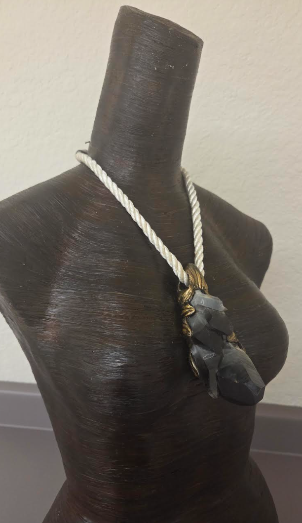 Sculpted Gemmy Smoky Quartz Pendant on an Ivory Satin Rope