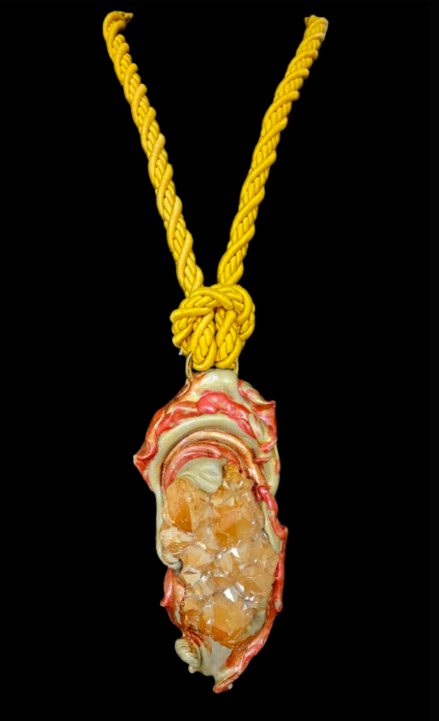 Orange Aura Rough Quartz Sculpted Talisman With Yellow Silk Rope
