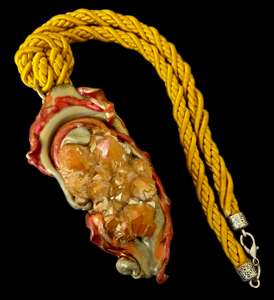 Orange Aura Rough Quartz Sculpted Talisman With Yellow Silk Rope