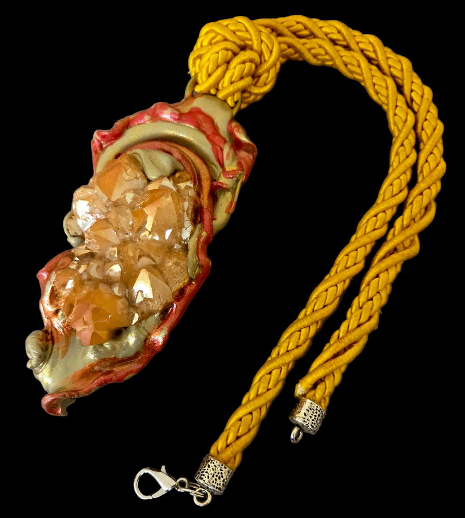 Orange Aura Rough Quartz Sculpted Talisman With Yellow Silk Rope