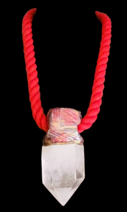 Clear Quartz Point Sculpted Tower Pendant with a Burnished Red Rope