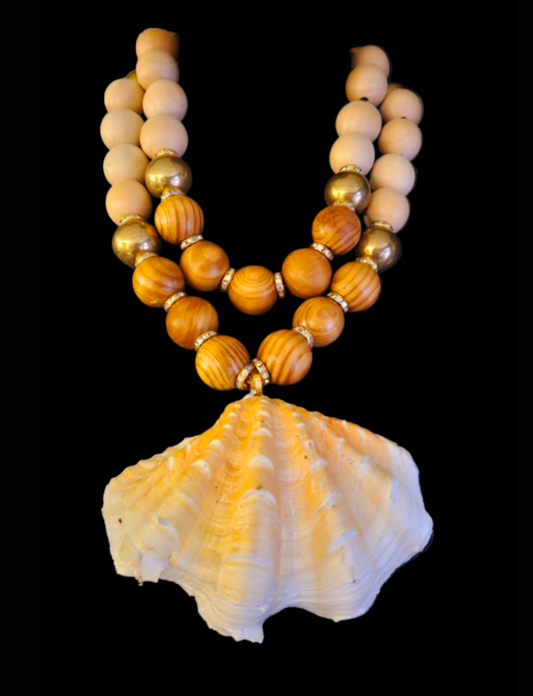 Oversized Brass Wood Beaded Two Strand Luxury Necklace with Clam Shell