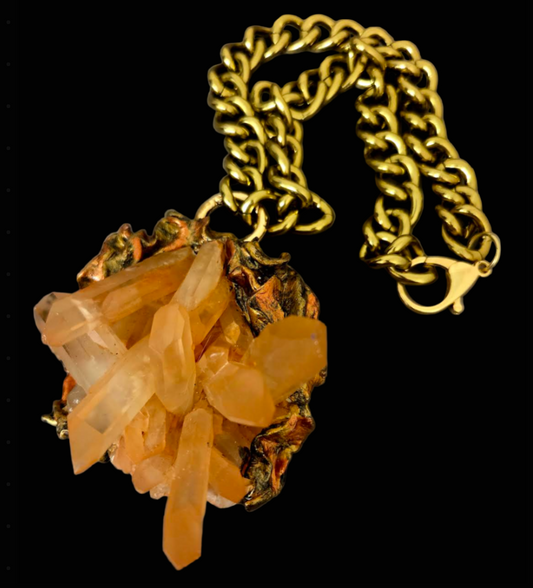 Rare Red Moroccan Quartz Cluster Sculpted Pendant with Brass Chain
