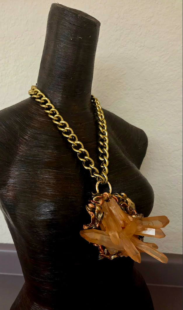Rare Red Moroccan Quartz Cluster Sculpted Pendant with Brass Chain