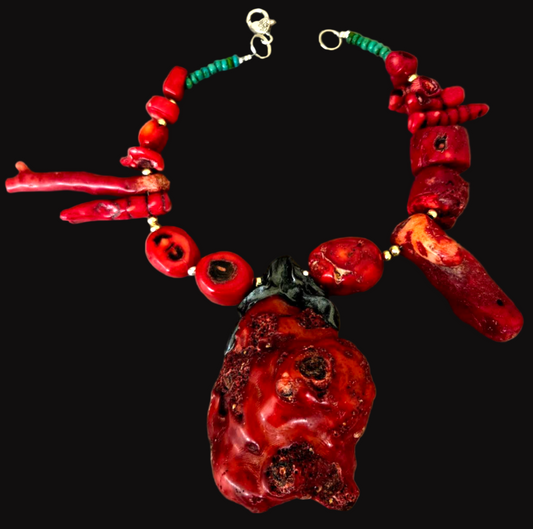 Freeform Red Coral Pendant Statement Necklace - Avant Garde Asymmetrical Coral Neck Candy