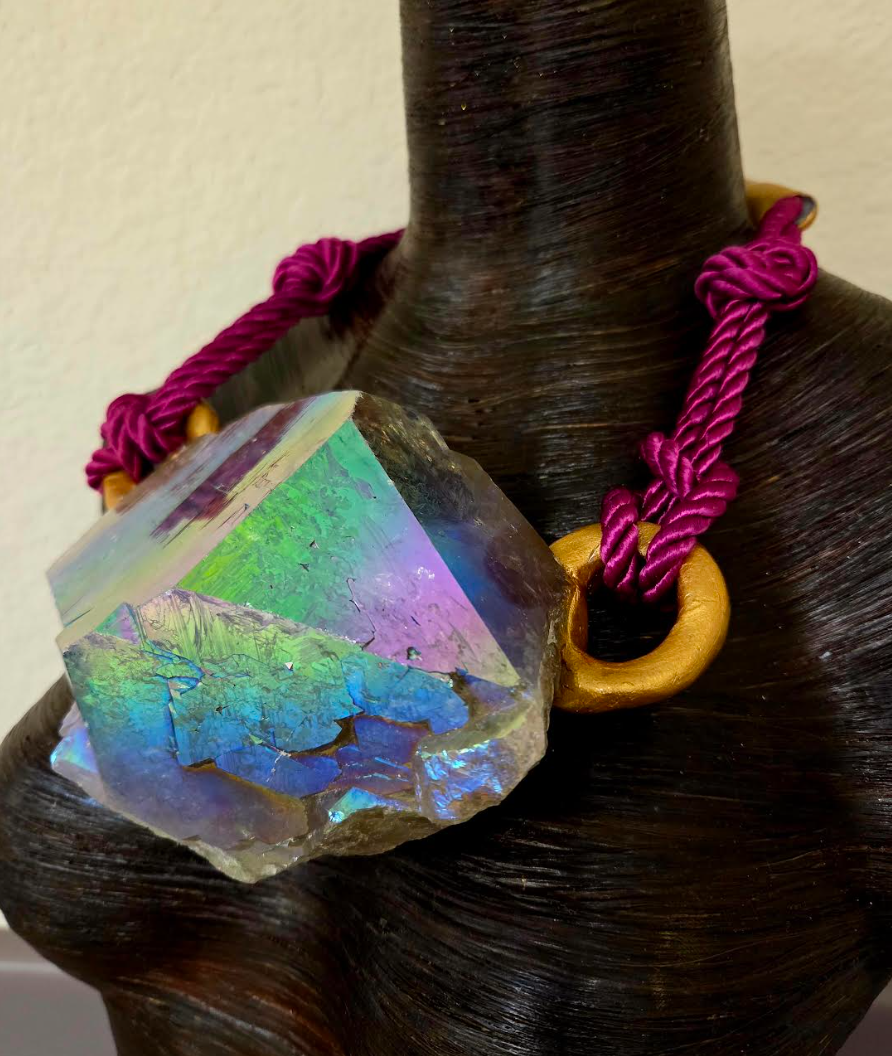 Rare McEarl Titanium Quartz Sculpted Statement Pendant with Satin Cord