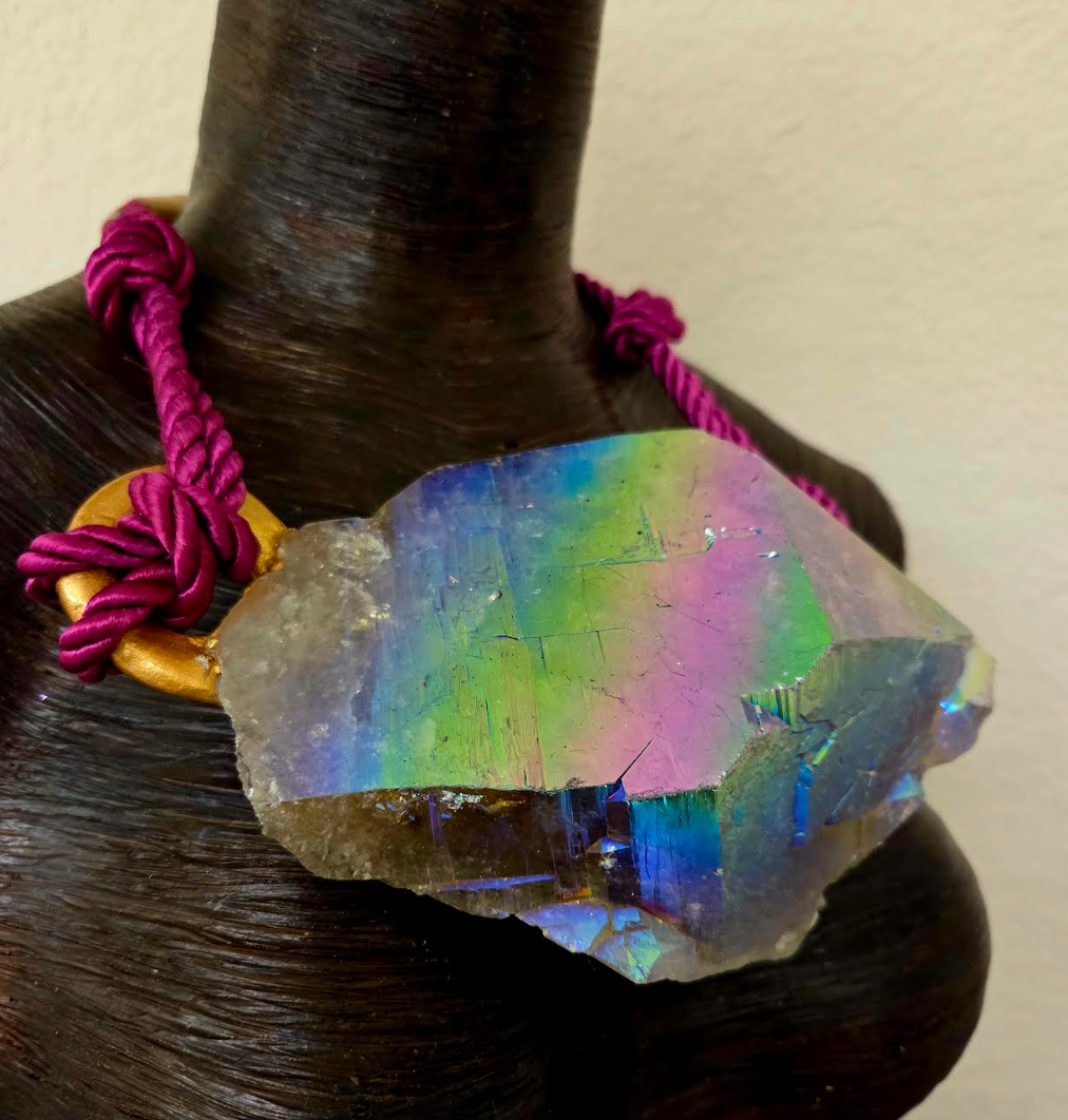 Rare McEarl Titanium Quartz Sculpted Statement Pendant with Satin Cord