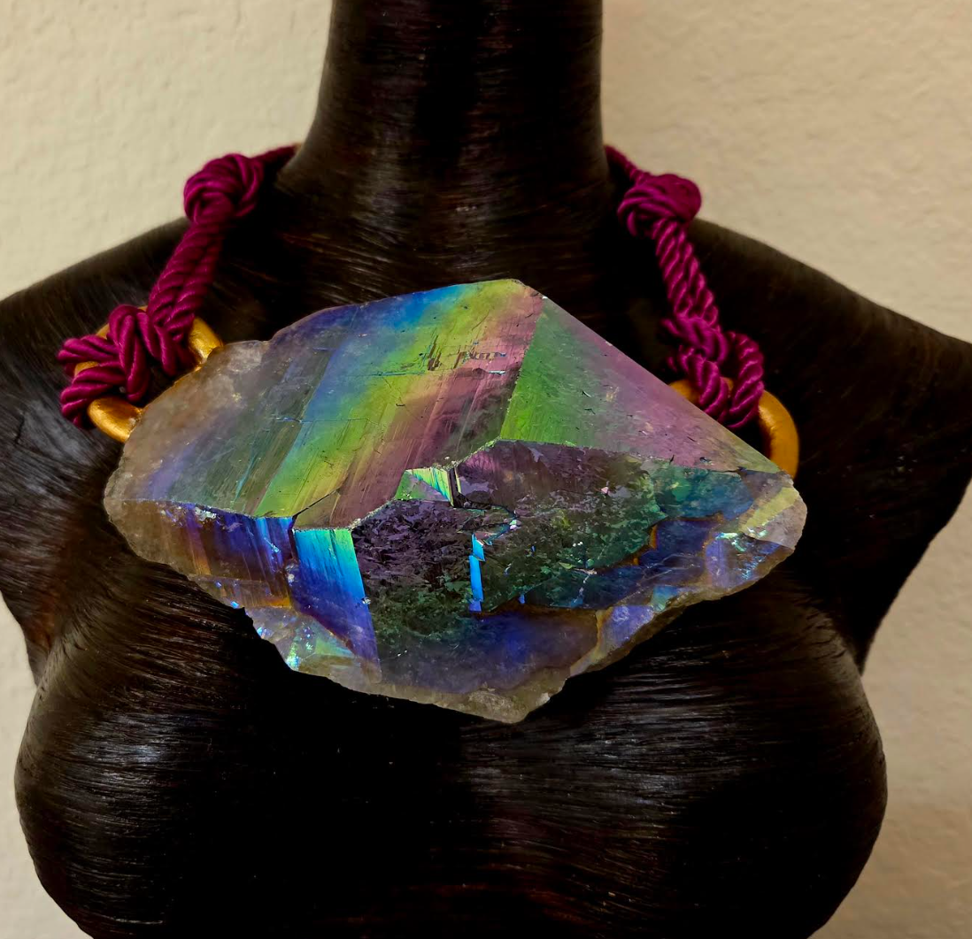 Rare McEarl Titanium Quartz Sculpted Statement Pendant with Satin Cord