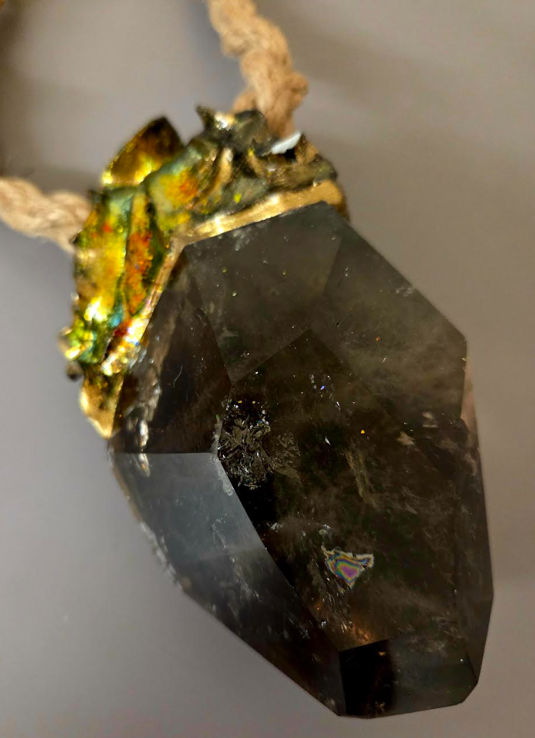 Huge Sculpted Smoky Quartz Pendant On a Braided Jute Rope - Luxury