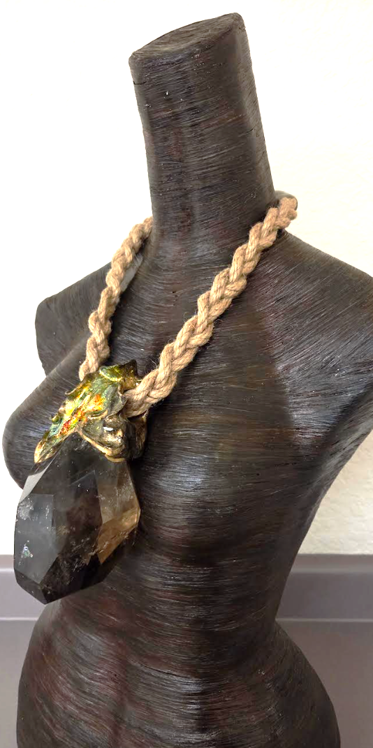 Huge Sculpted Smoky Quartz Pendant On a Braided Jute Rope - Luxury