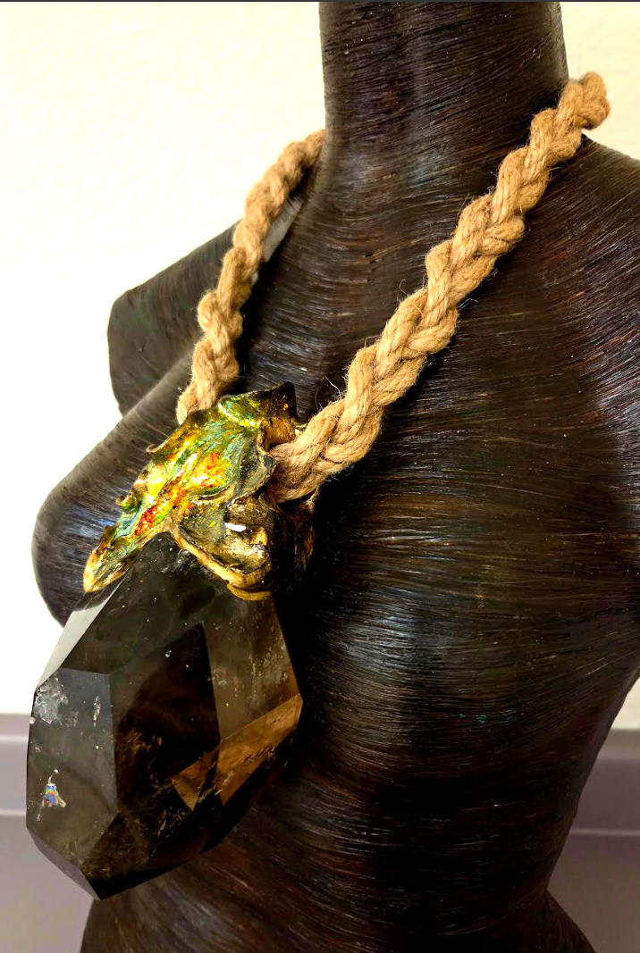 Huge Sculpted Smoky Quartz Pendant On a Braided Jute Rope - Luxury