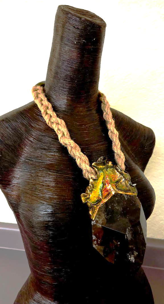 Huge Sculpted Smoky Quartz Pendant On a Braided Jute Rope - Luxury