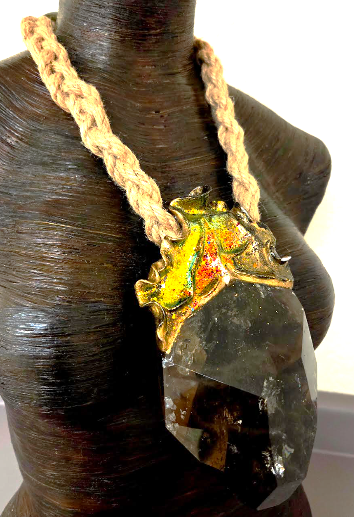 Huge Sculpted Smoky Quartz Pendant On a Braided Jute Rope - Luxury