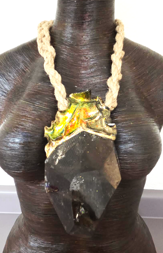 Huge Sculpted Smoky Quartz Pendant On a Braided Jute Rope - Luxury