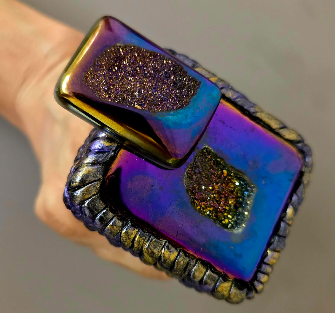Unisex Blue & Purple Titanium Druzy Sculpted Hand Ring - Flashy