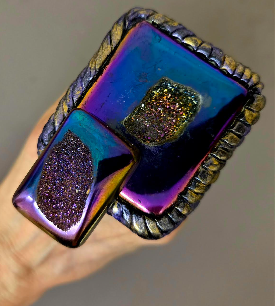 Unisex Blue & Purple Titanium Druzy Sculpted Hand Ring - Flashy