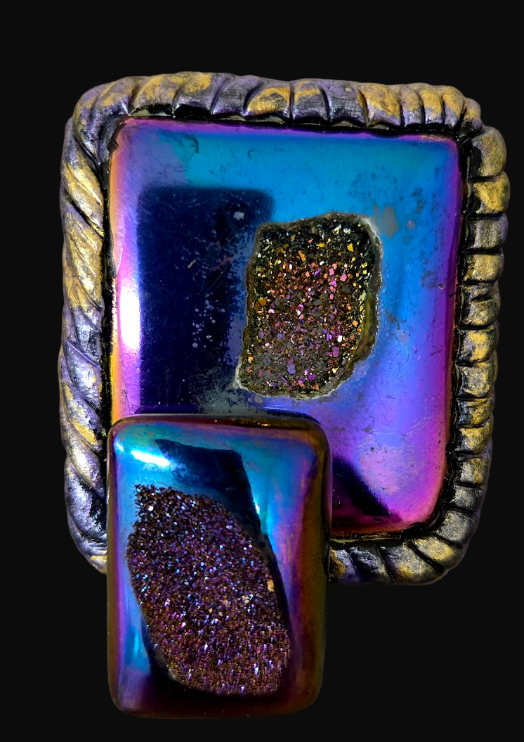 Unisex Blue & Purple Titanium Druzy Sculpted Hand Ring - Flashy