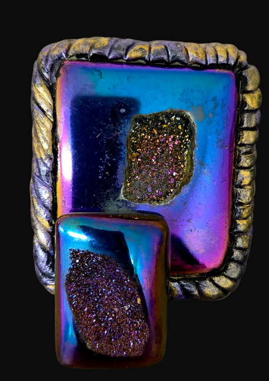Unisex Blue & Purple Titanium Druzy Sculpted Hand Ring - Flashy
