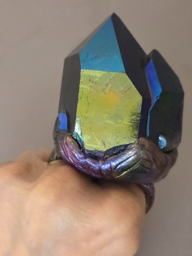 Rough Titanium Quartz Oversized Two Finger Sculpted Ring - Unisex