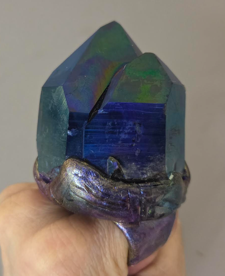 Rough Titanium Quartz Oversized Two Finger Sculpted Ring - Unisex