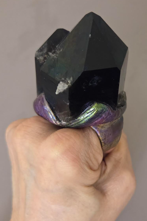 Rough Titanium Quartz Oversized Two Finger Sculpted Ring - Unisex