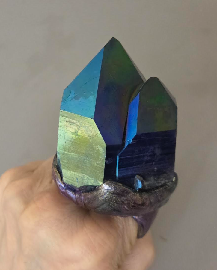 Rough Titanium Quartz Oversized Two Finger Sculpted Ring - Unisex