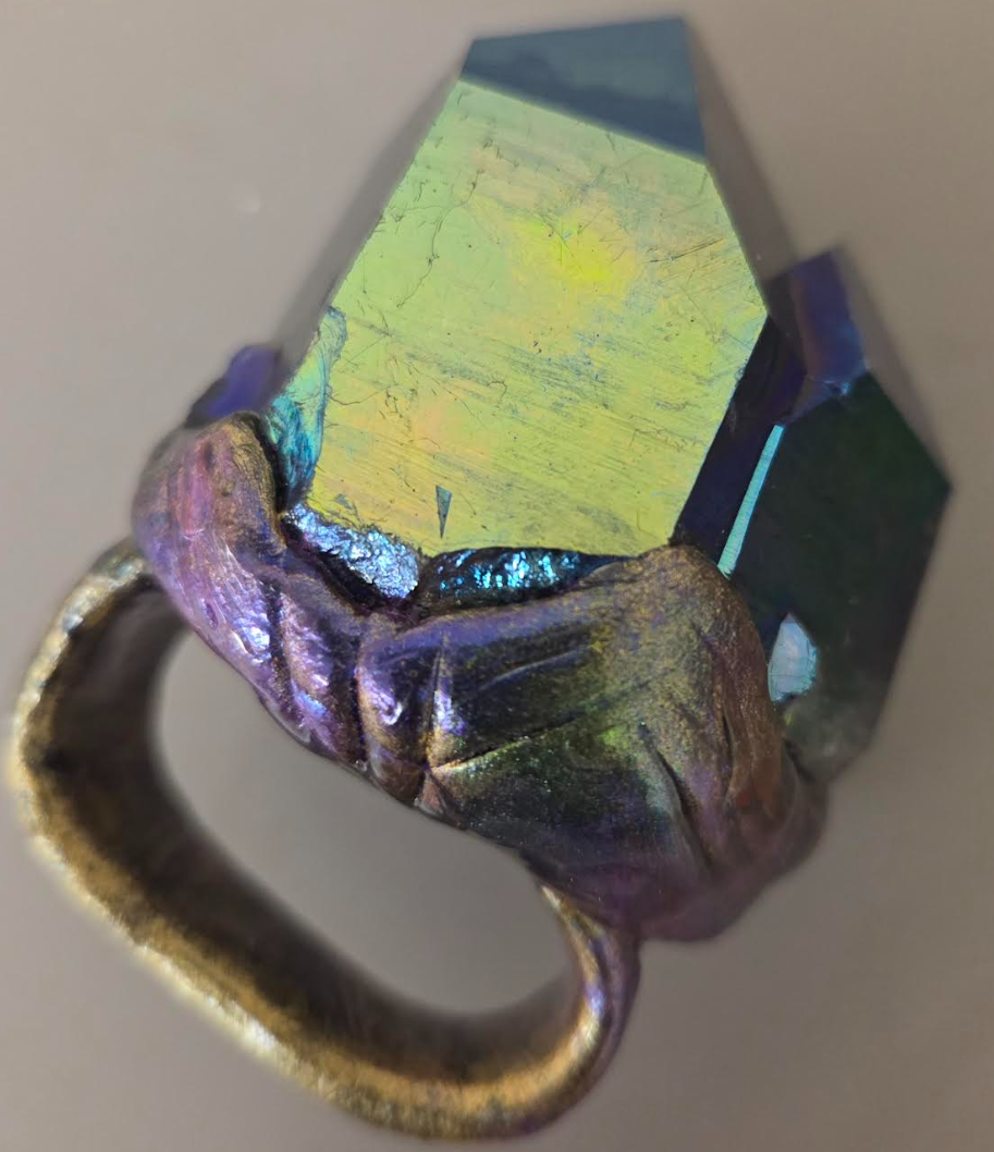 Rough Titanium Quartz Oversized Two Finger Sculpted Ring - Unisex