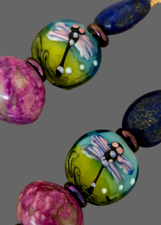 Jewel Tone Beaded Dangle Pierced Earrings,  Art Nouveau Insect Lampwork