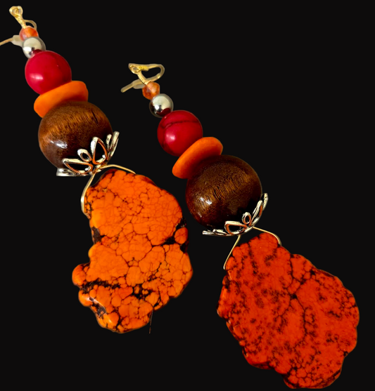 Orange Sea Sediment Slab Shoulder Duster Pierced Earrings - Autumn