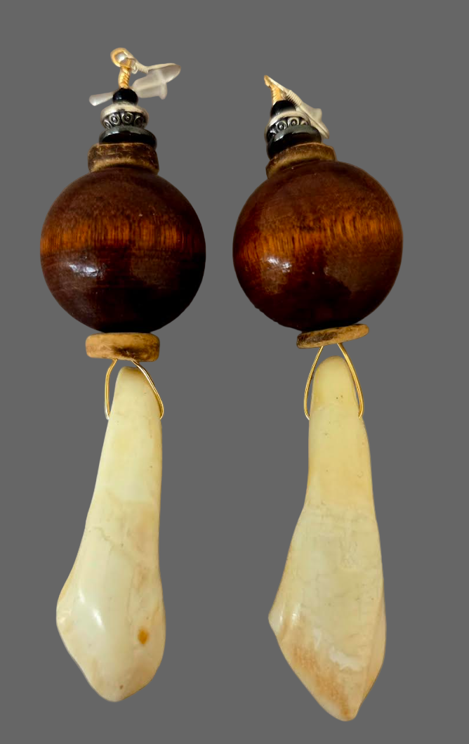 Earthy Buffalo Incisor Teeth & Wood Shoulder Duster Pierced Earrings