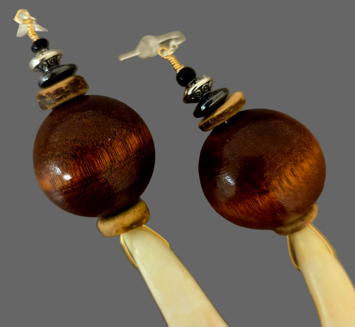 Earthy Buffalo Incisor Teeth & Wood Shoulder Duster Pierced Earrings