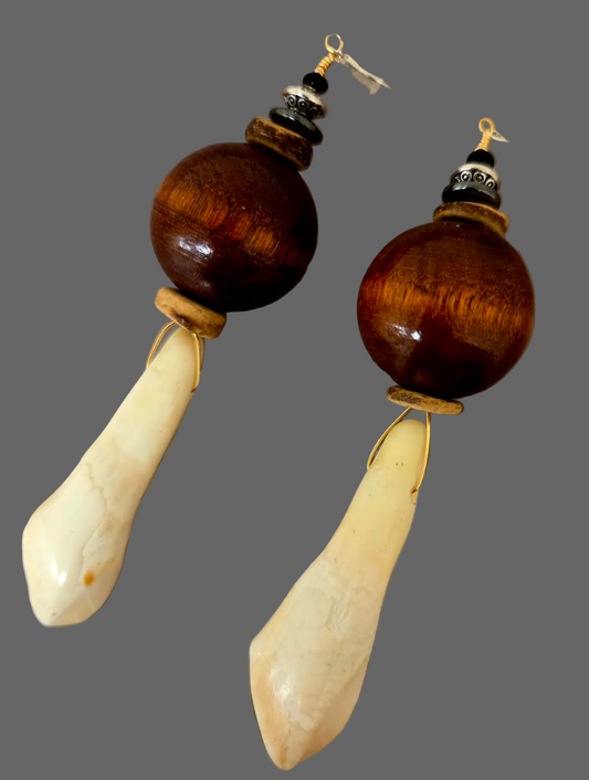 Earthy Buffalo Incisor Teeth & Wood Shoulder Duster Pierced Earrings